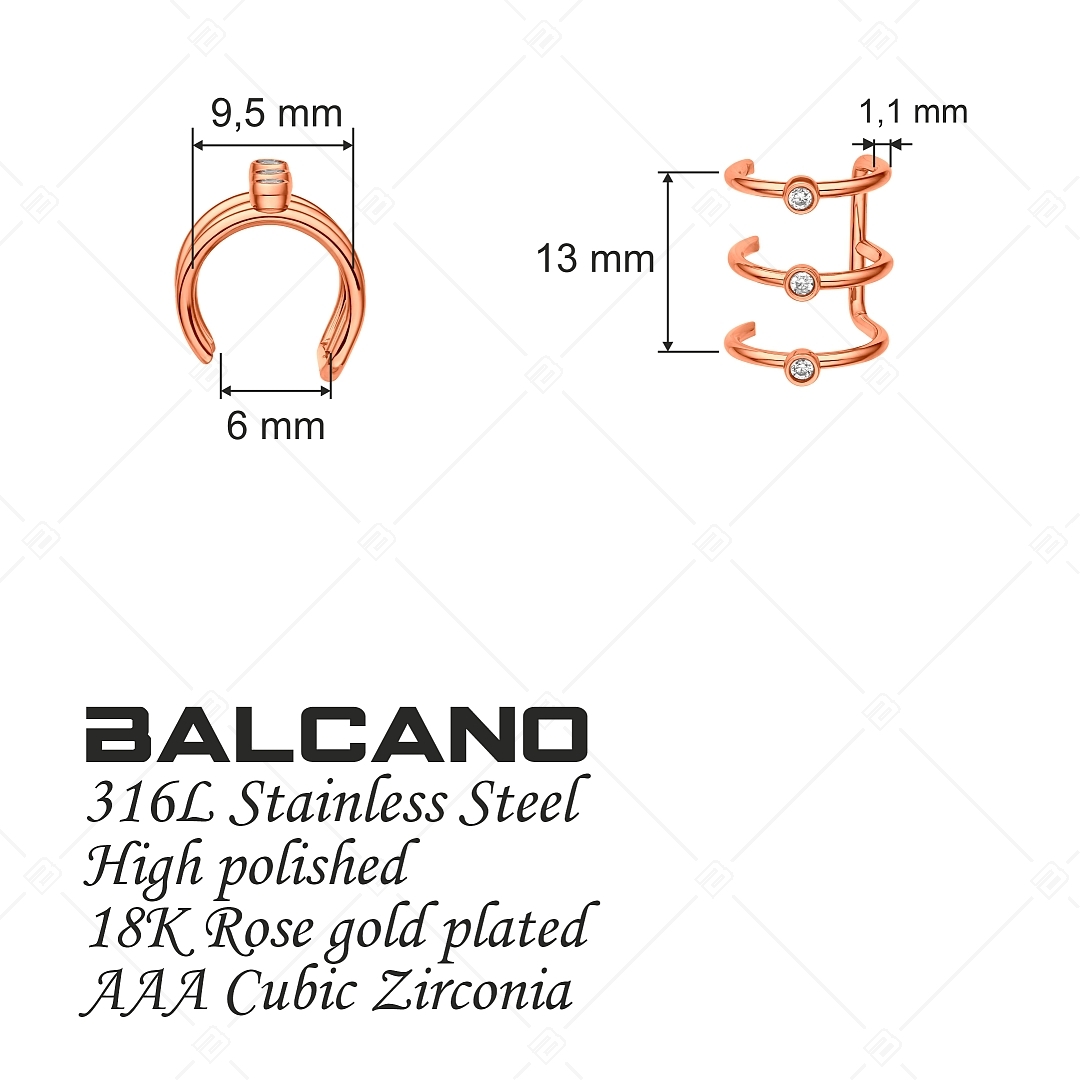 BALCANO - Toru / Manchette d'oreille triple en acier inoxydable avec zircones, plaqué or rose 18K (141284BC96)