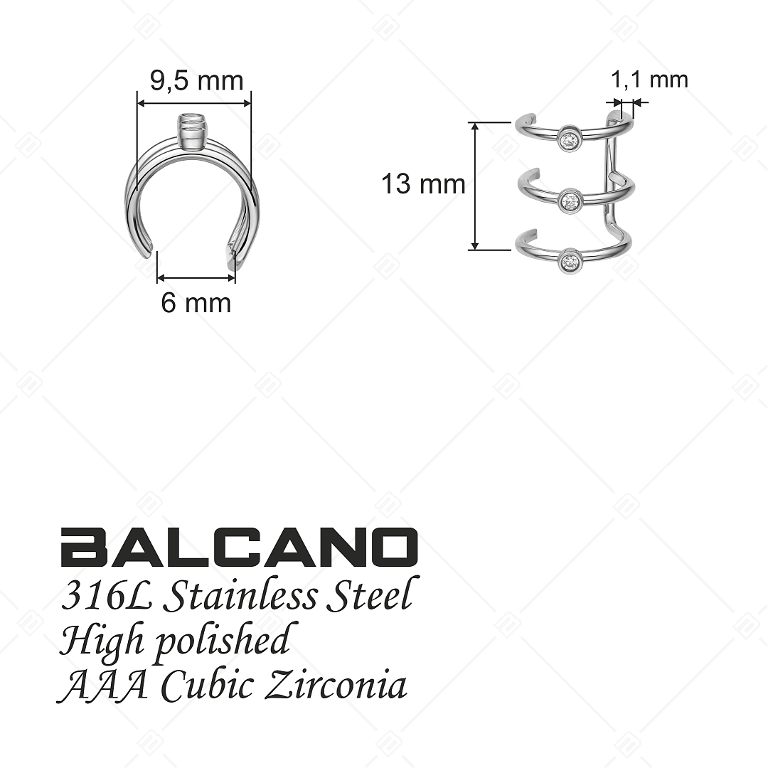 BALCANO - Toru / Manchette d'oreille triple en acier inoxydable avec zircones, avec hautement polie (141284BC97)