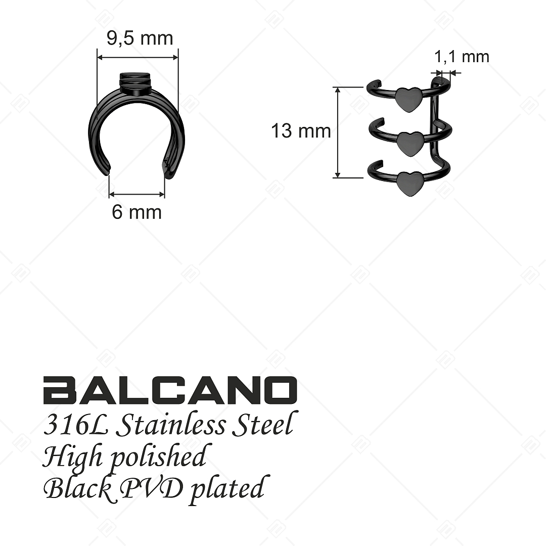 BALCANO - Toru / Manchette d'oreille triple en acier inoxydable avec des cœurs, plaqué PVD noir (141285BC11)