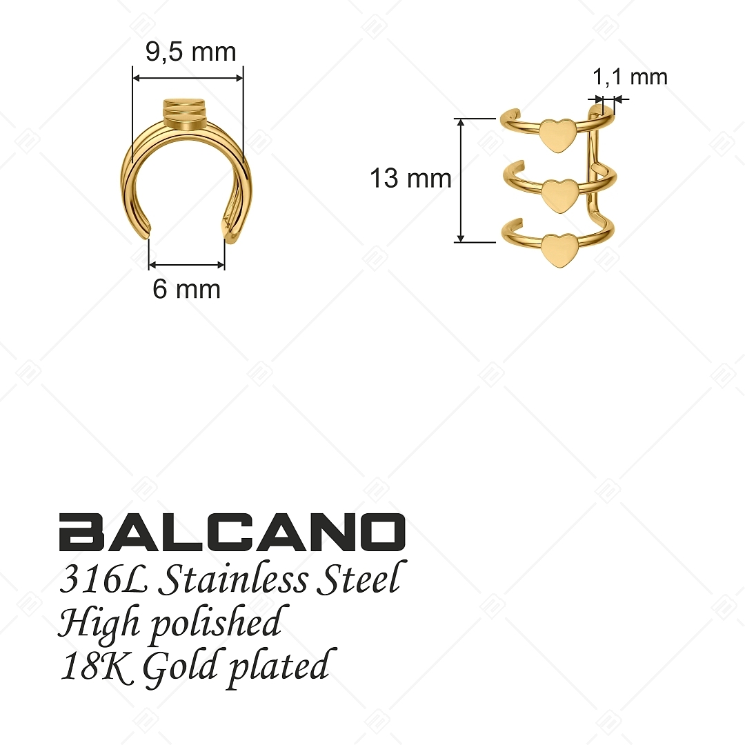BALCANO - Toru / Manchette d'oreille triple en acier inoxydable avec des cœurs, plaqué or 18K (141285BC88)