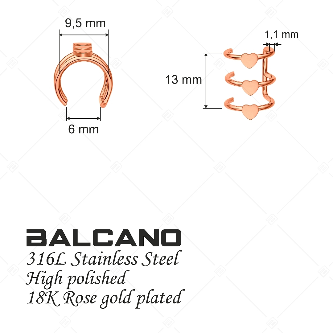 BALCANO - Toru / Manchette d'oreille triple en acier inoxydable avec des cœurs, plaqué or rose 18K (141285BC96)