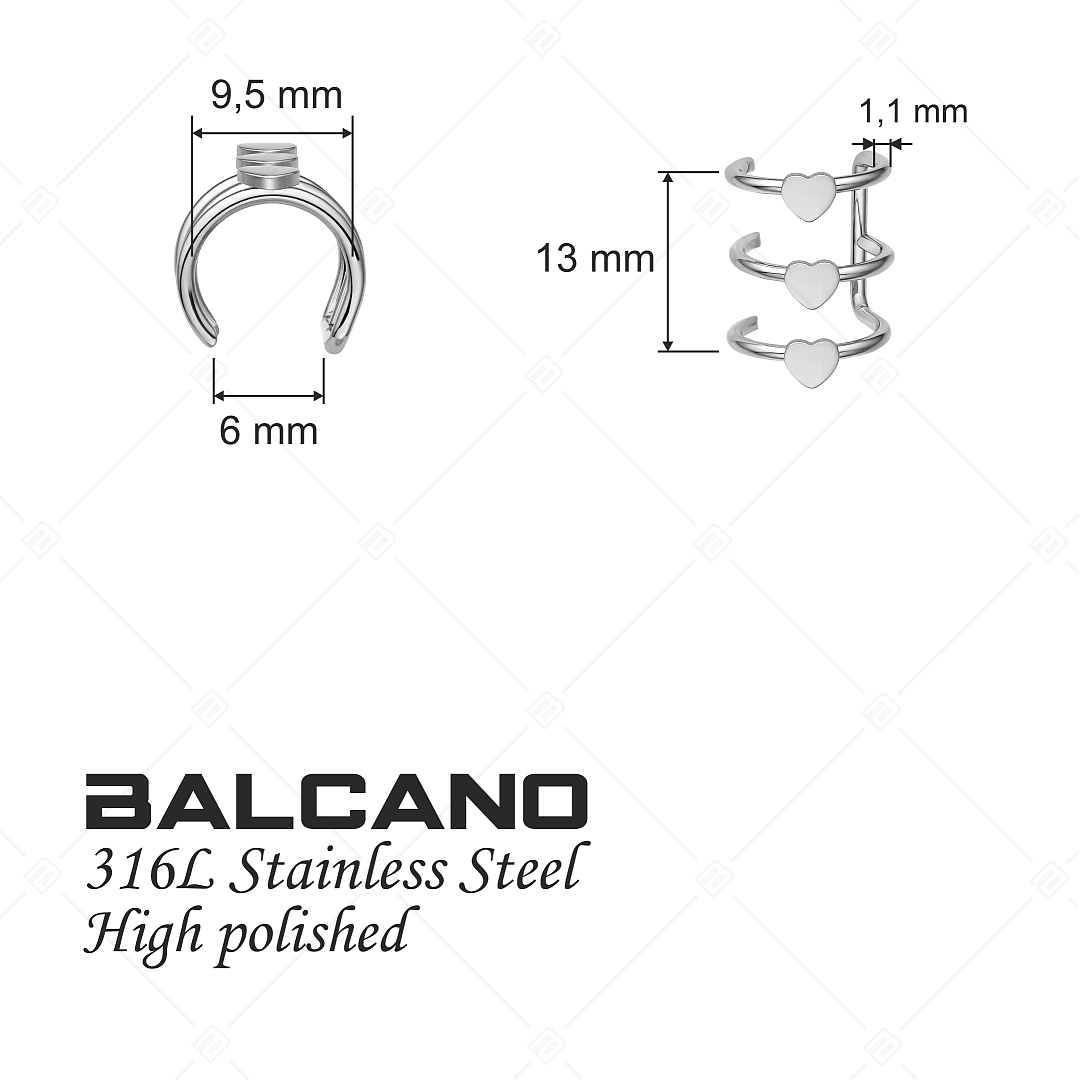 BALCANO - Toru / Manchette d'oreille triple en acier inoxydable avec des cœurs, avec hautement polie (141285BC97)