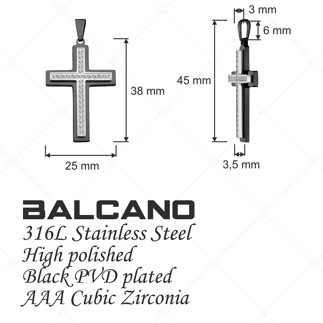 BALCANO - Crux / Cross Shaped Pendant With Zirconia Gemstones, Black PVD Plated (242212BC11)