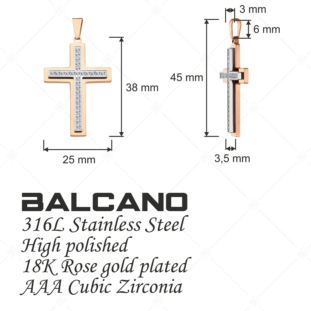 BALCANO - Crux / Cross Shaped Pendant With Zirconia Gemstones, 18K Rose Gold Plated (242212BC96)