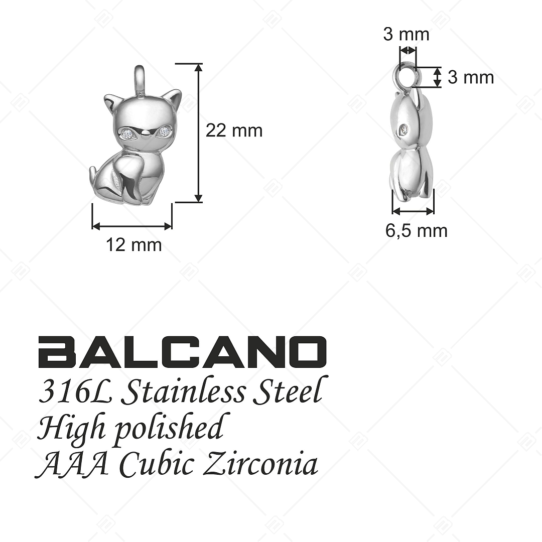 BALCANO - Kitty / Kitten Shaped Stainless Steel Pendant With Cubic Zirconia, High Polished (242215BC97)
