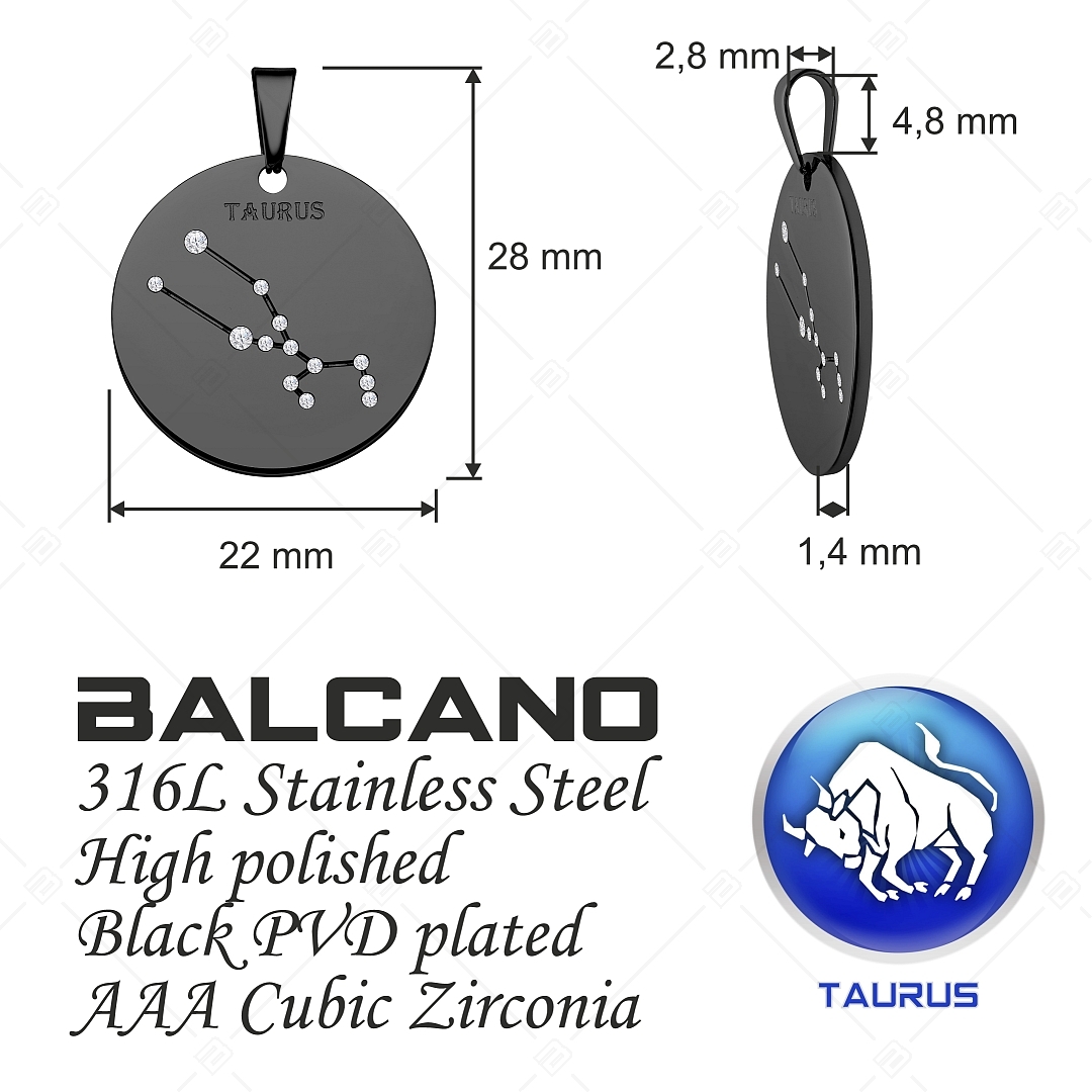 BALCANO - Zodiac / Constellation Pendant With Zirconia Gemstones, Black PVD Plated - Taurus (242223BC11)