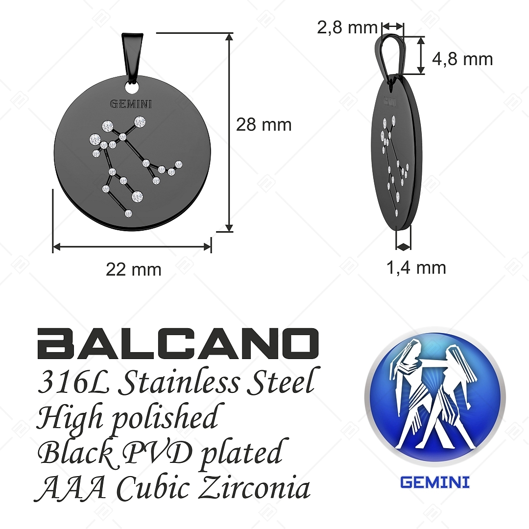 BALCANO - Zodiac / Constellation Pendant With Zirconia Gemstones and Black PVD Plated - Gemini (242226BC11)