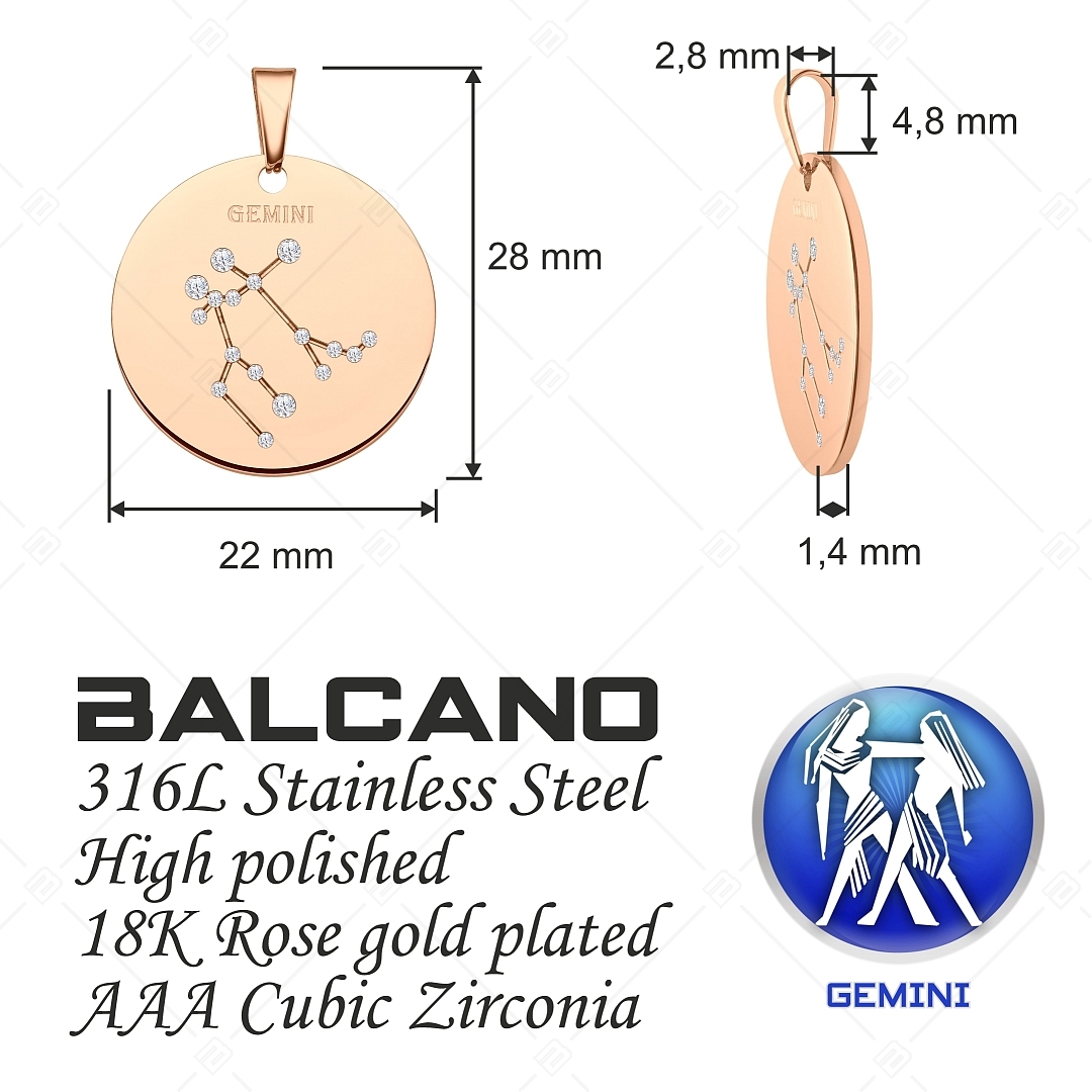BALCANO - Zodiac / Constellation Pendant With Zirconia Gemstones and 18K Rose Gold Plated - Gemini (242226BC96)