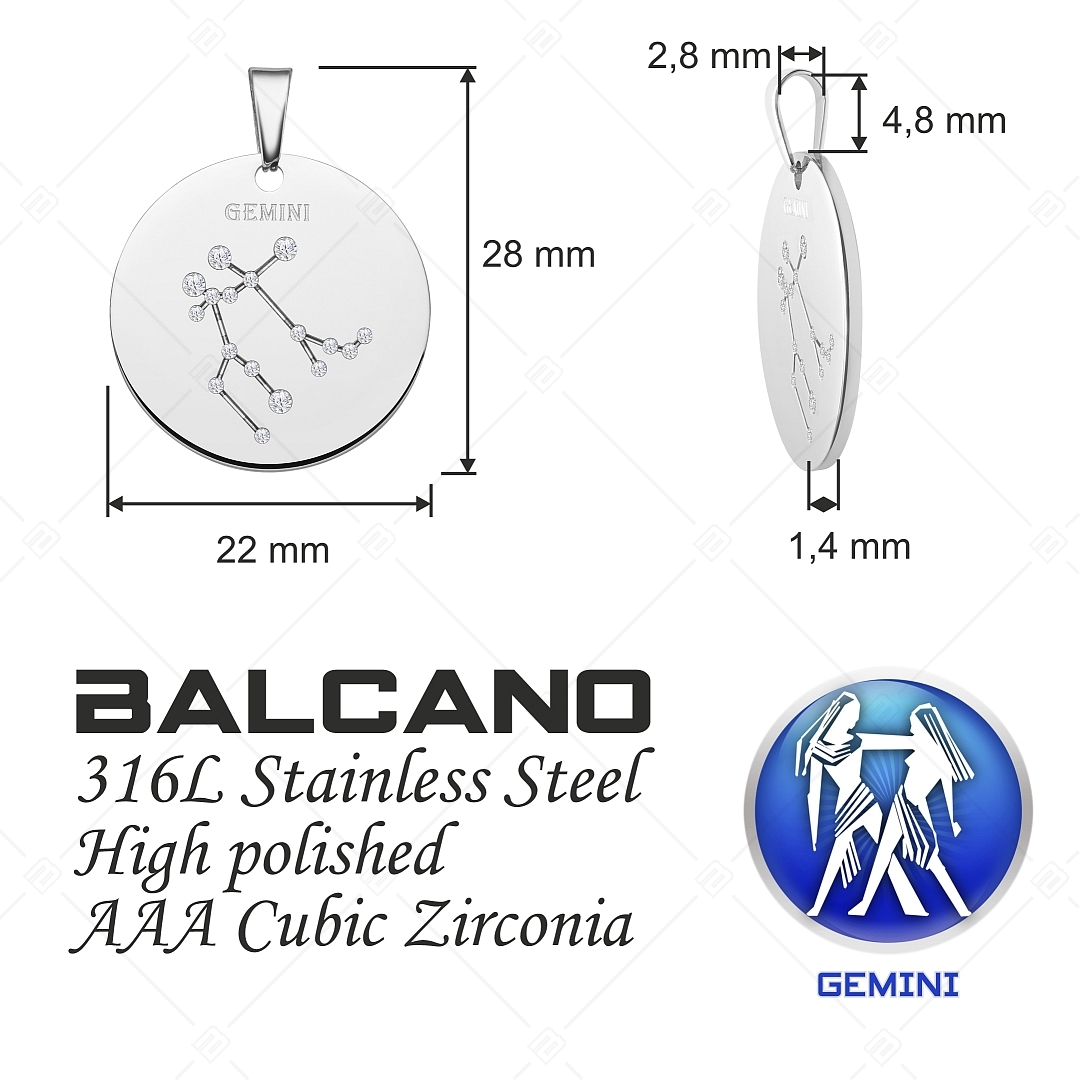 BALCANO - Zodiac / Constellation Pendant With Zirconia Gemstones and High Polished - Gemini (242226BC97)