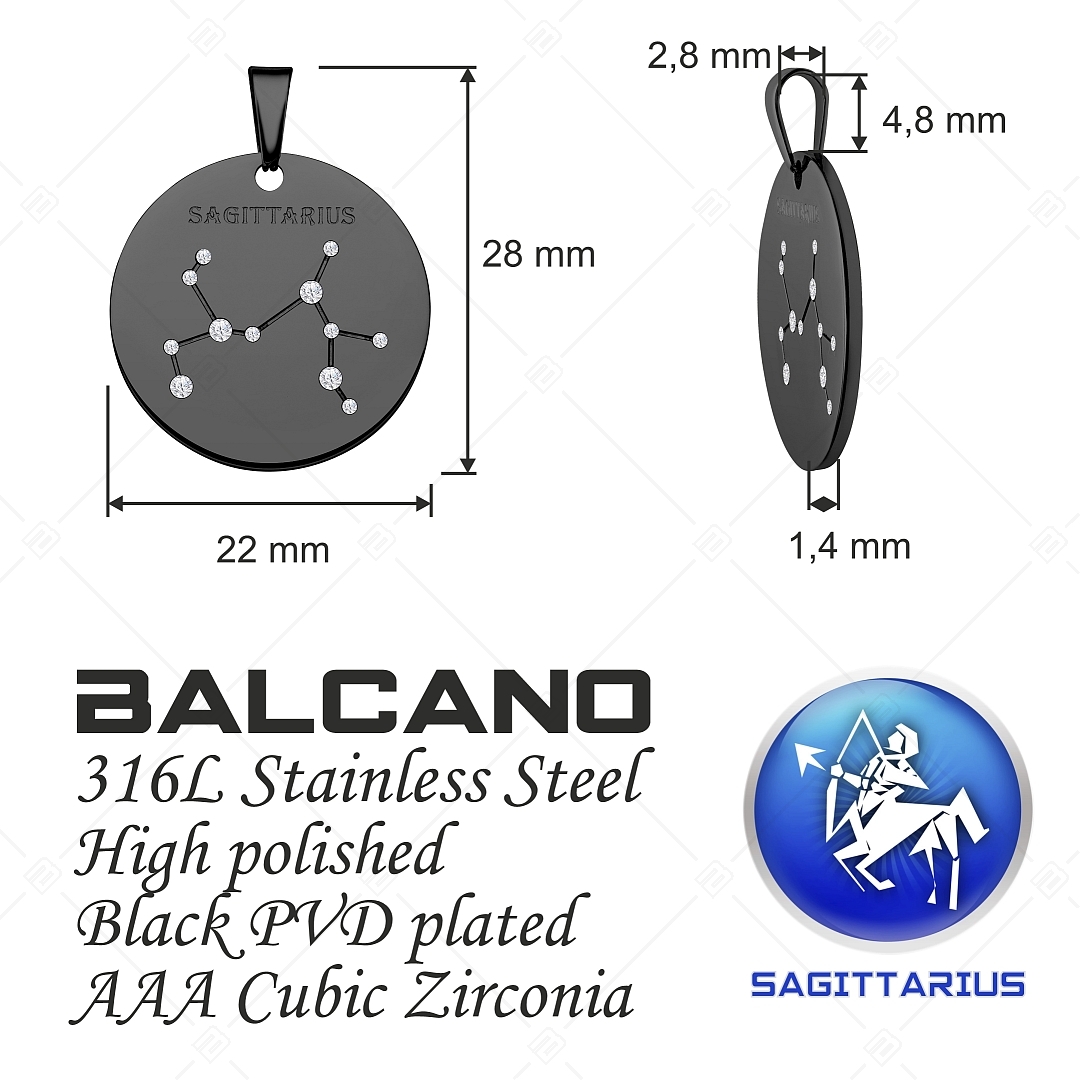BALCANO - Zodiac / Constellation Pendant With Zirconia Gemstones, Black PVD Plated - Sagittarius (242229BC11)