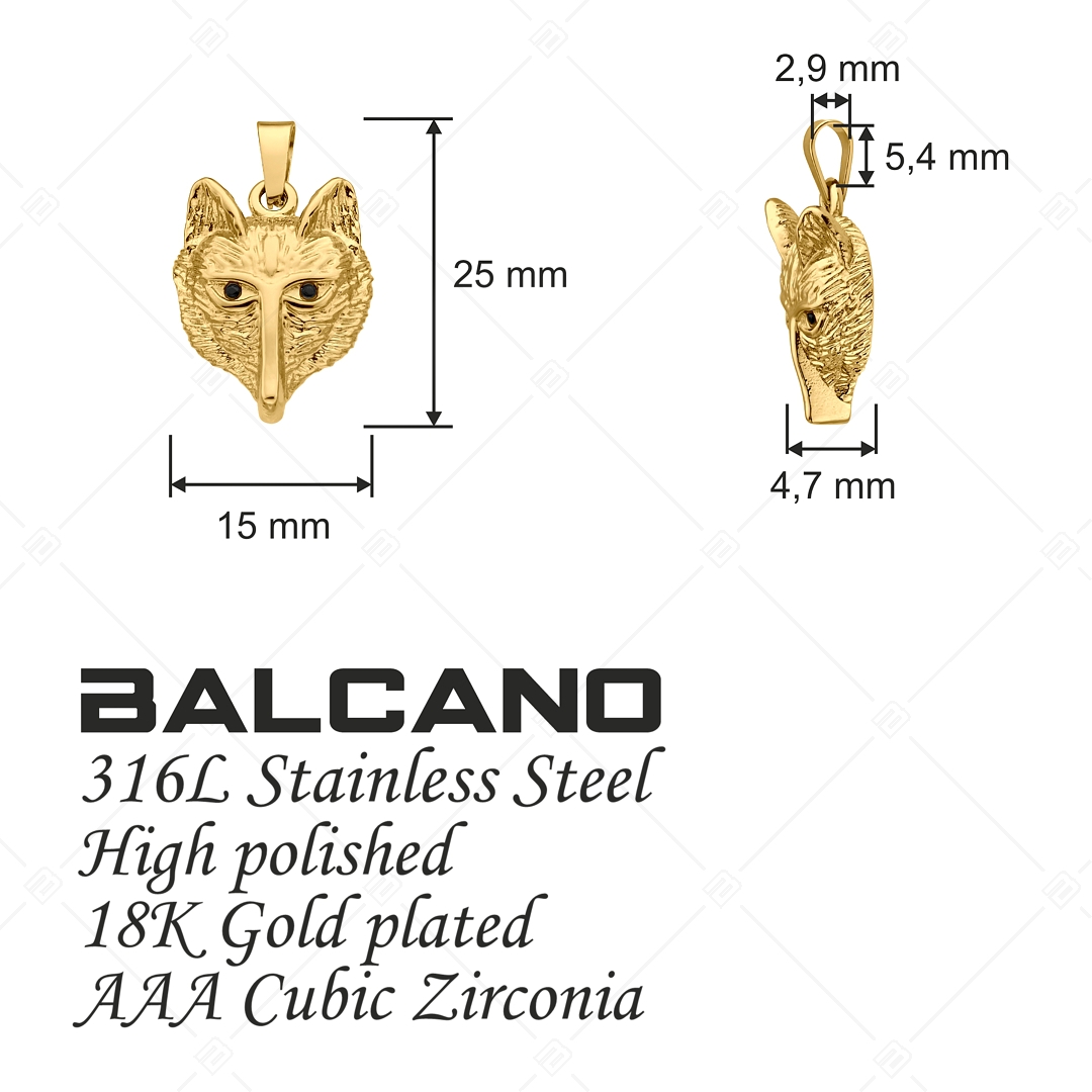 BALCANO - Wolf / Edelstahl Wolfskopf Anhänger mit Zirkonia Edelsteinen und 18K Gold Beschichtung (242234BC88)