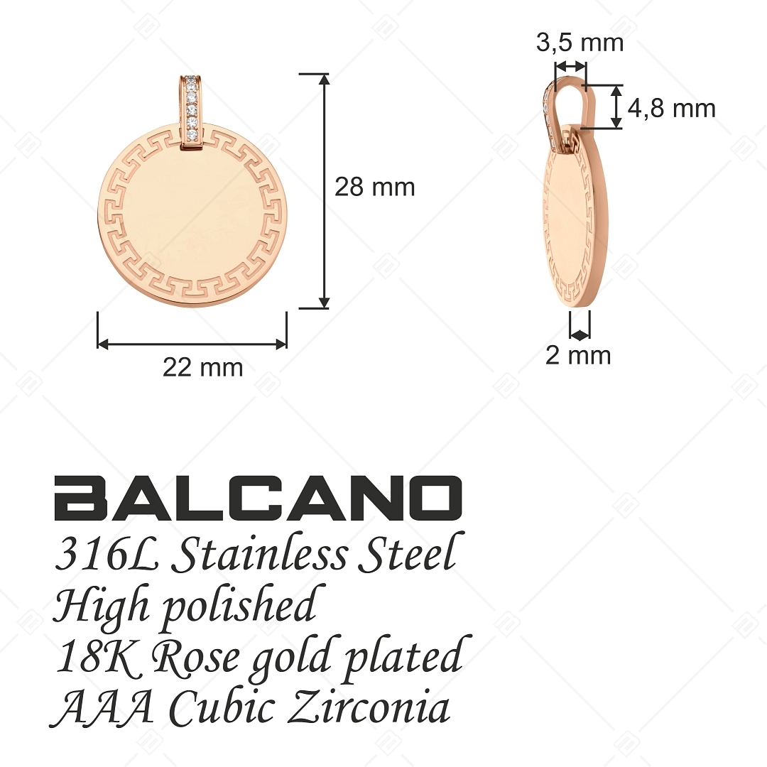 BALCANO - Mínea / Round Pendant With Greek Pattern, Zirconia Gemstones, 18K Rose Gold Plated (242235BC96)