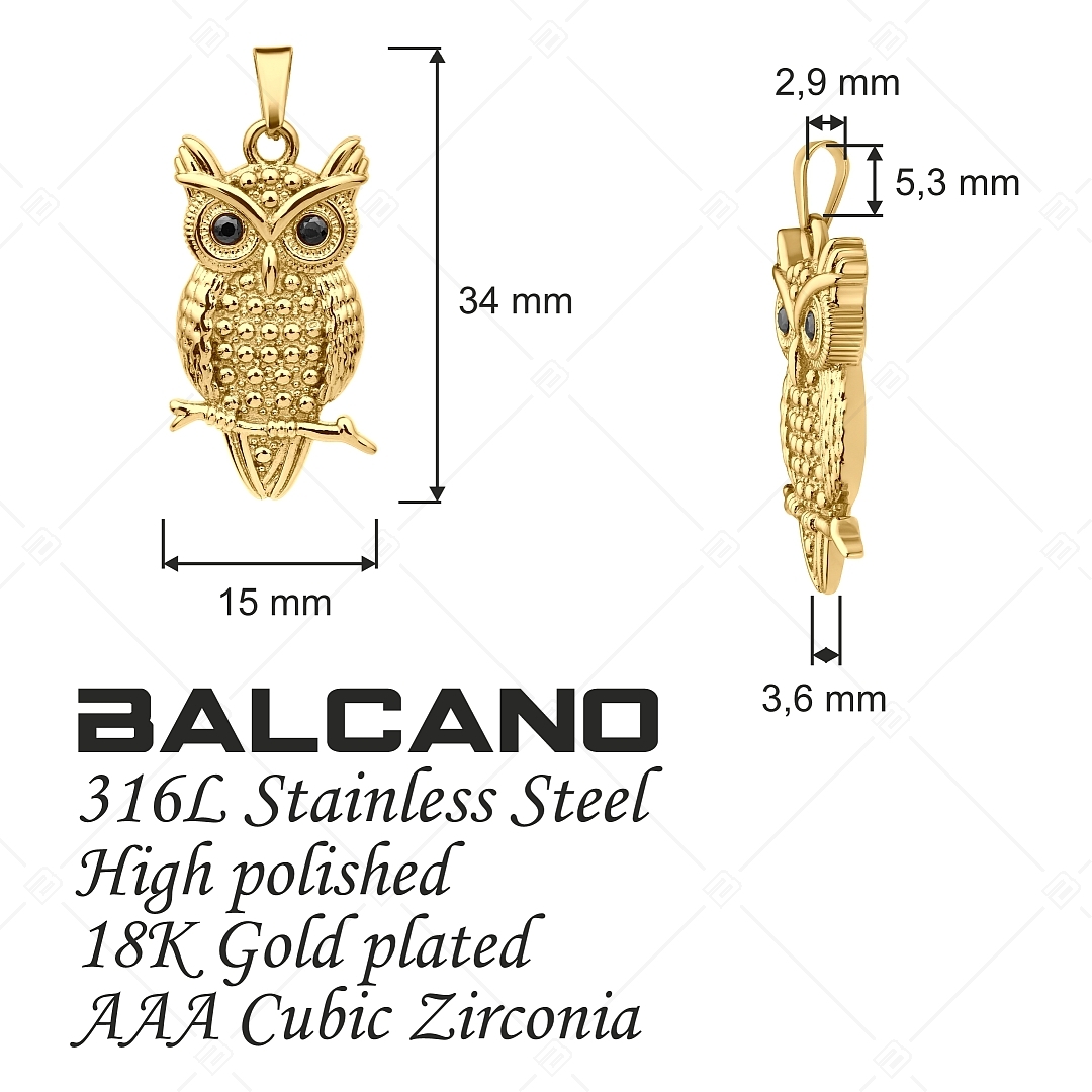 BALCANO - Owl / Edelstahl Eule Anhänger mit 18K Gold Beschichtung und Zirkonia-Edelsteinen (242262BC88)