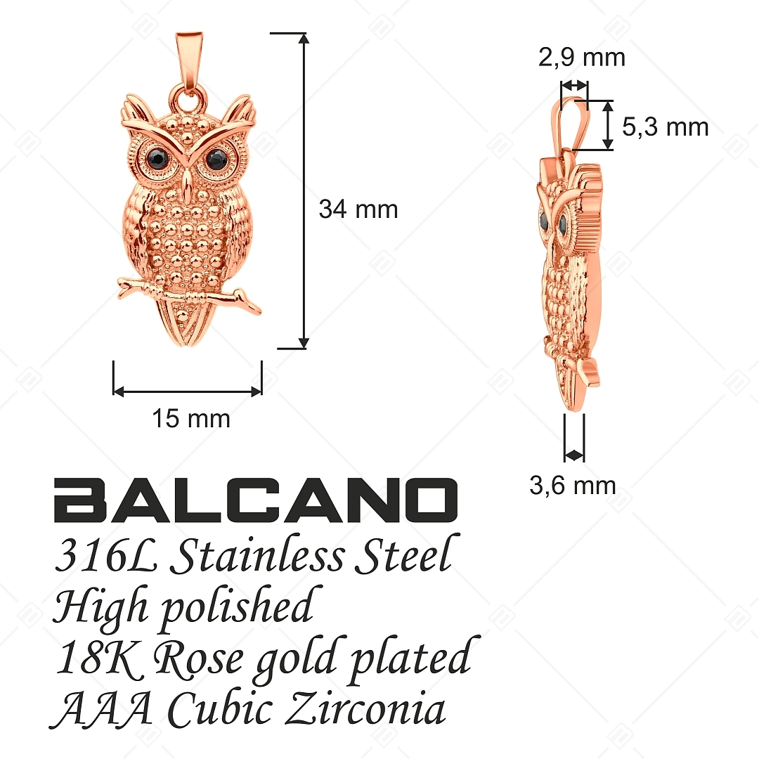 BALCANO - Owl / Pendentif en forme de chouette en acier inoxydable, plaqué or rose 18K et avec pierres précieuses en zir (242262BC96)