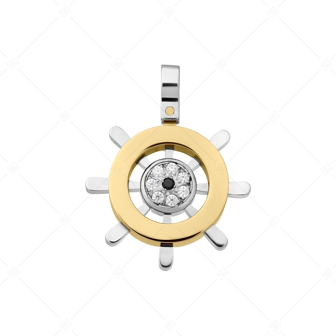 BALCANO - Helmsman / Stainless Steel Boat Steering Wheel Pendant With Zirconia Gemstones, 18K Gold Plated (242269BC88)