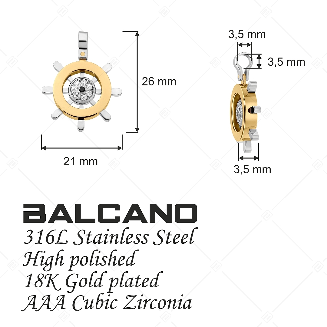 BALCANO - Helmsman / Stainless Steel Boat Steering Wheel Pendant With Zirconia Gemstones, 18K Gold Plated (242269BC88)