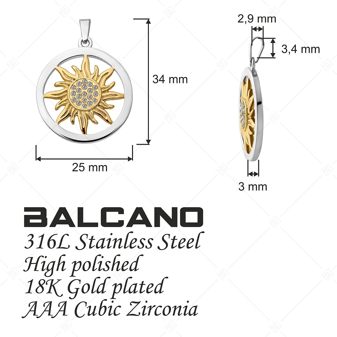 BALCANO - Sun / Pendentif soleil en acier inoxydable avec pierres précieuses de zircone, plaqué or 18K (242277BC88)