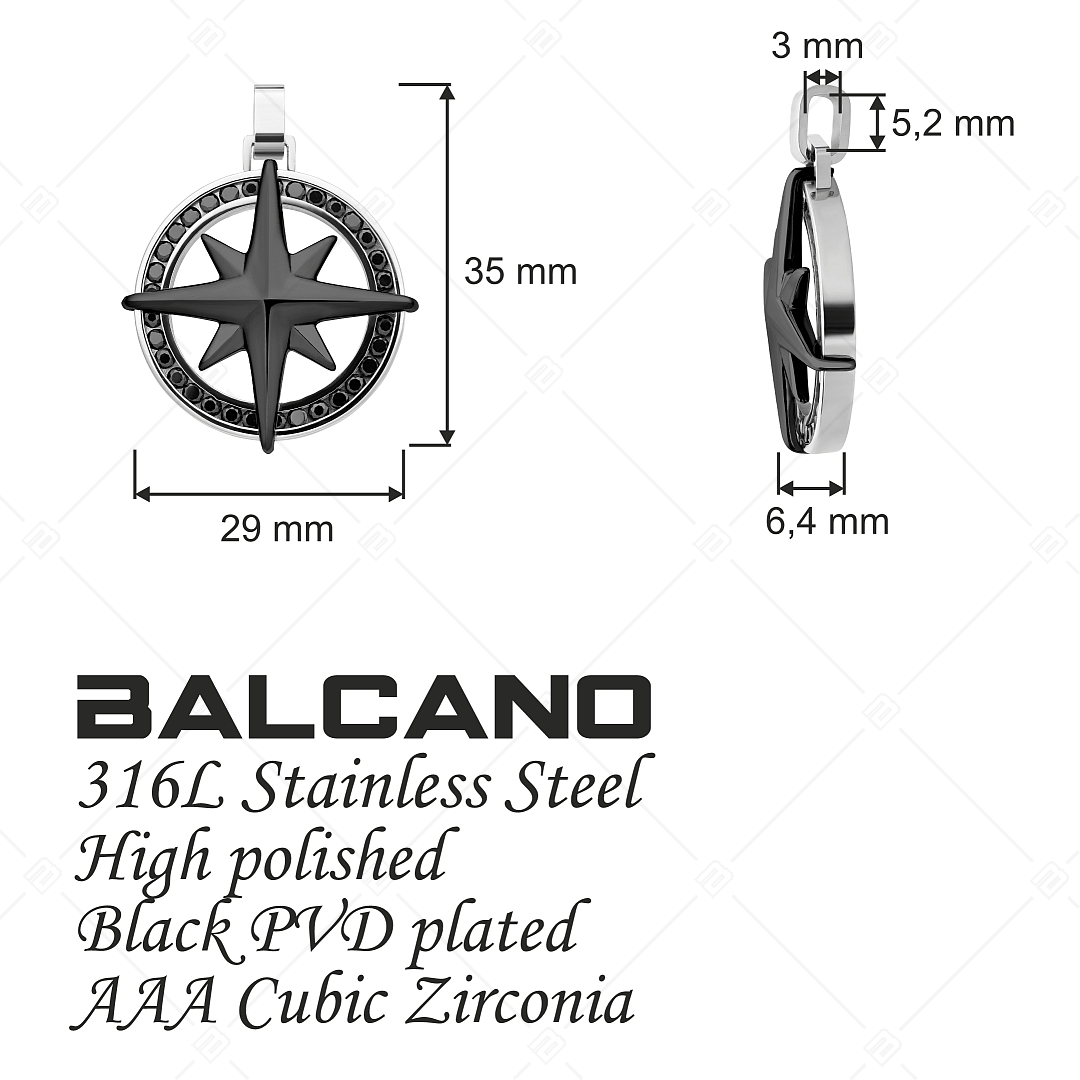 BALCANO - Captain / Pendentif boussole en acier inoxydable avec pierres de zirconium, plaqué PVD noir (242280BC11)