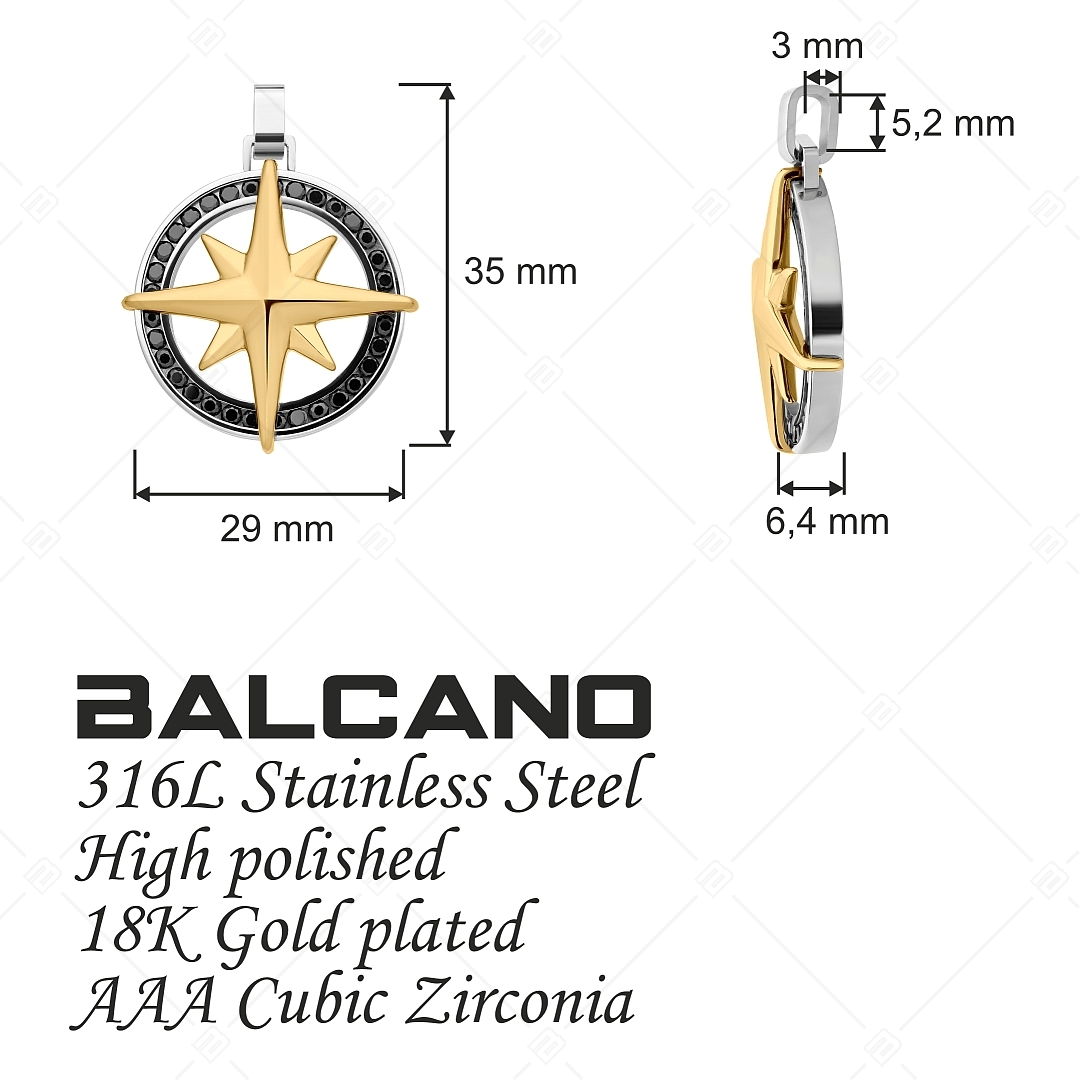 BALCANO - Captain / Pendentif boussole en acier inoxydable avec pierres de zirconium, plaqué or 18K (242280BC88)