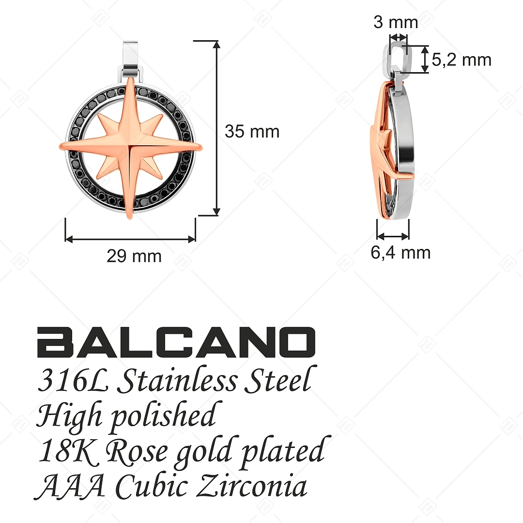 BALCANO - Captain / Pendentif boussole en acier inoxydable avec pierres de zirconium, plaqué or rose 18K (242280BC96)