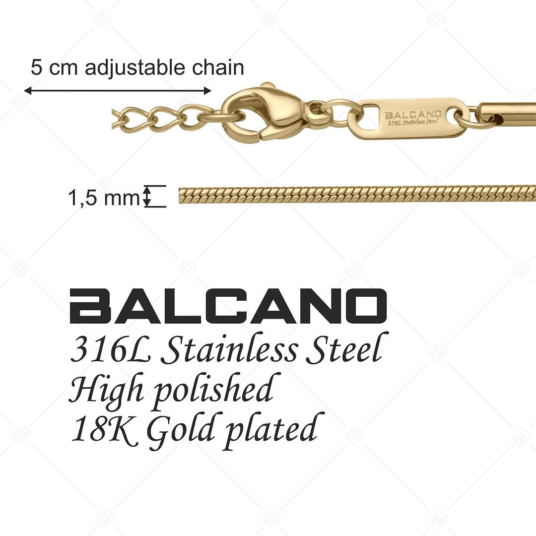 BALCANO - Snake / Collier type chaîne serpent en acier inoxydable, plaqué or 18K - 1,5 mm (341212BC88)