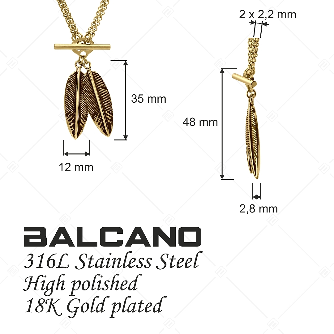 BALCANO - Pluma / Doppelte Belcher-Halskette mit zwei Federn Anhänger aus Edelstahl, 18K Vergoldung (341274BC88)