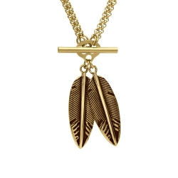 BALCANO - Pluma / Stainless Steel Two Feather Pendant Double Belcher Necklace, 18K Gold Plated