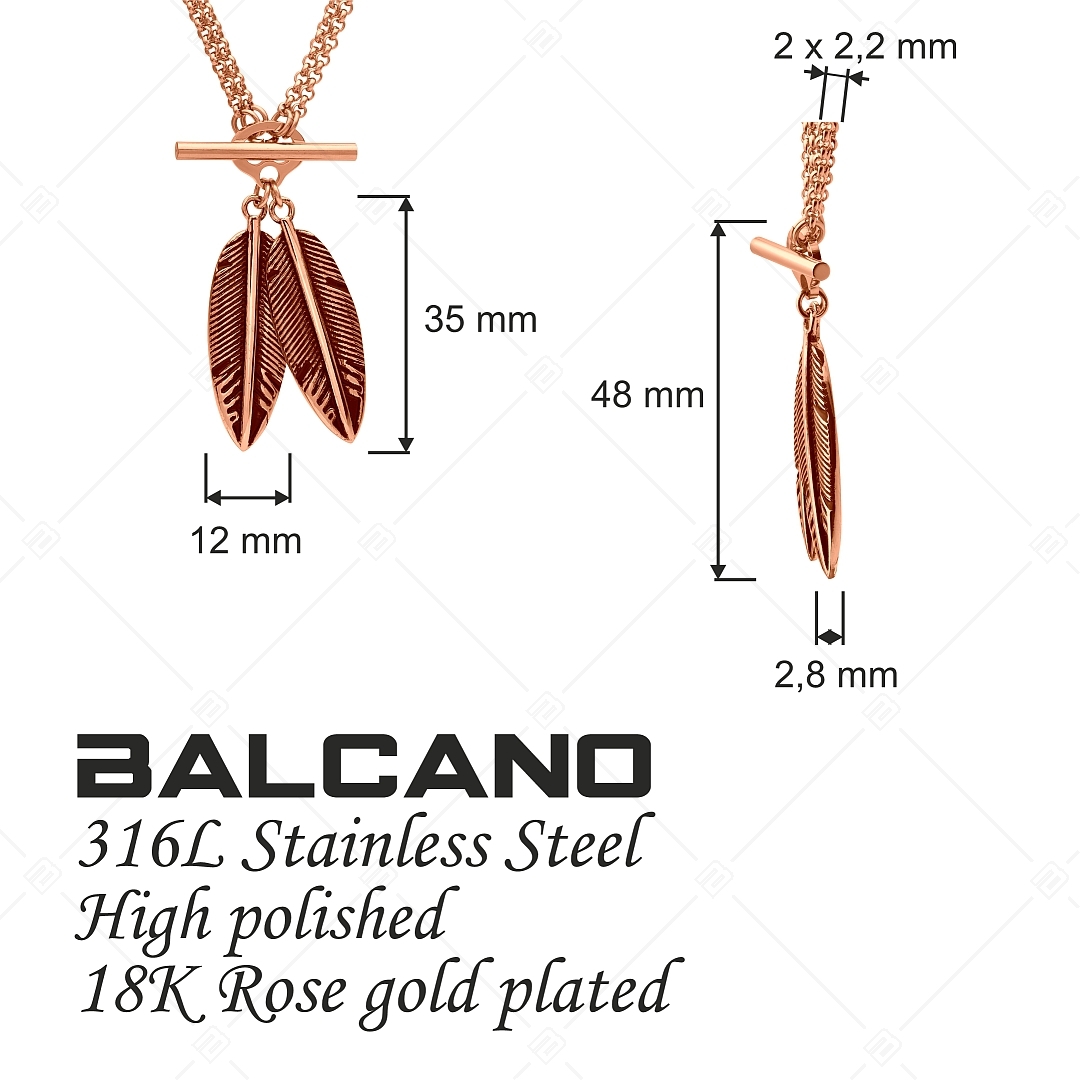 BALCANO - Pluma / Doppelte Belcher-Halskette mit zwei Federn Anhänger aus Edelstahl, 18K rosévergoldet (341274BC96)