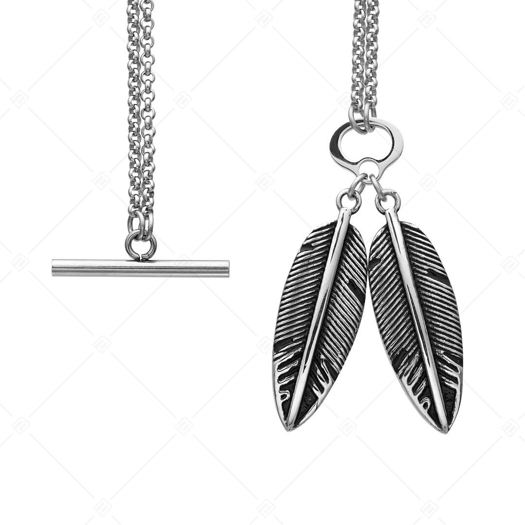BALCANO - Pluma / Doppelte Belcher-Halskette mit zwei Federn Anhänger aus Edelstahl, Hochglanzpoliert (341274BC97)