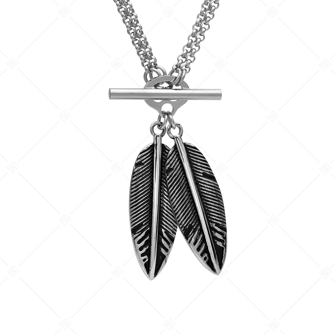BALCANO - Pluma / Stainless Steel Two Feather Pendant Double Belcher Necklace, High Polished (341274BC97)