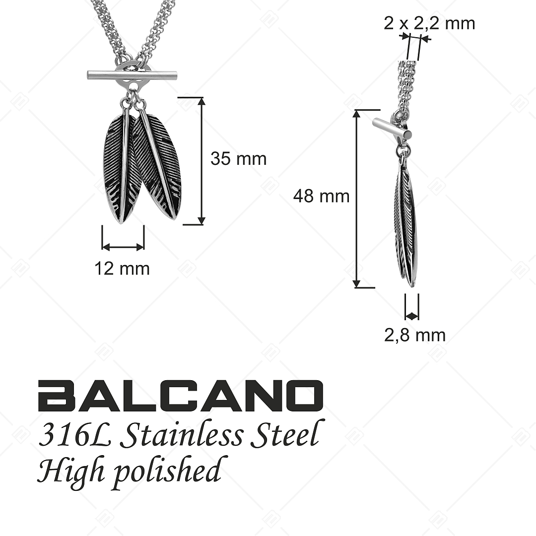BALCANO - Pluma / Collier double belcher pendentif deux plumes en acier inoxydable, avec hautement polie (341274BC97)
