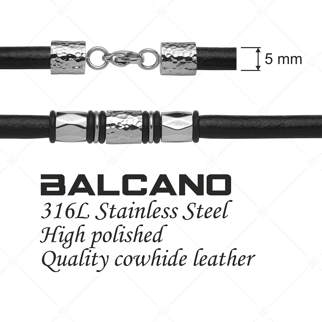 BALCANO - Battuto / Collier en cuir avec ornements cylindriques en acier inoxydable martelé (342003BL99)