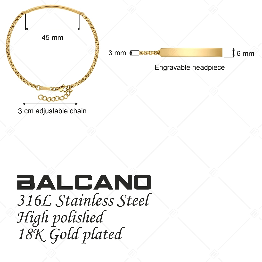 BALCANO - Steve / Bracelet gravable en acier inoxydable, chaîne cube vénitienne ronde, plaqué or 18K - 3mm (441470EG88)