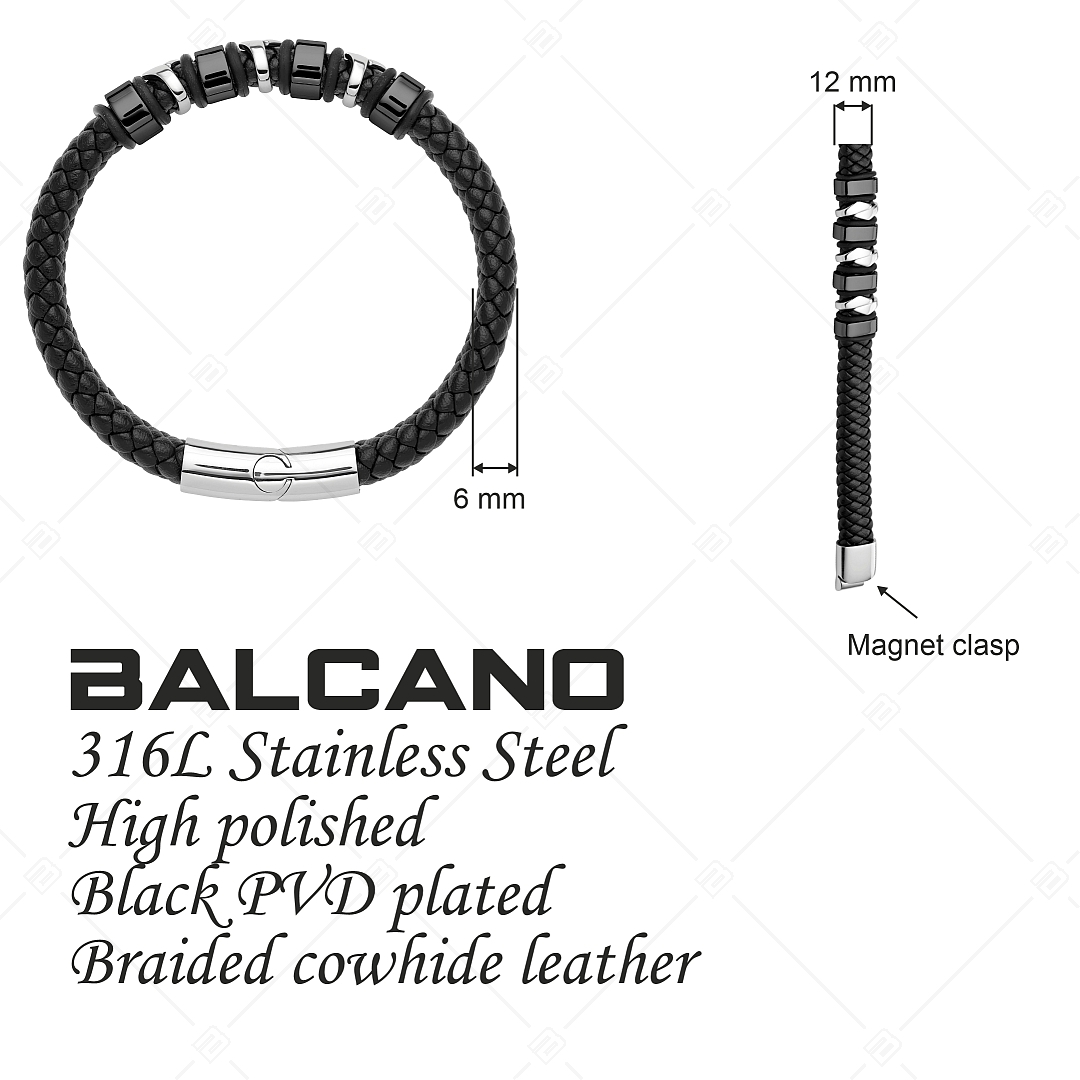 BALCANO - Hunter / Geflochtenes Lederarmband mit mehrteiligem Kopfstück aus Edelstahl, schwarz PVD Beschichtung (441471BL11)