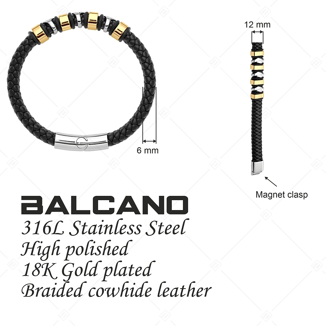 BALCANO - Hunter / Bracelet en cuir tressé avec têtière en plusieurs parties en acier inoxydable, plaqué or 18K (441471BL88)