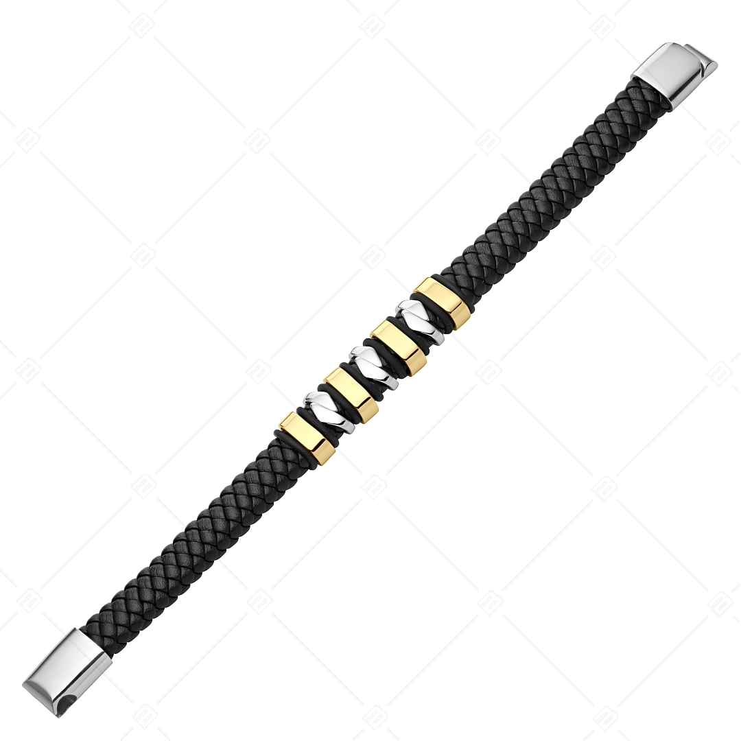 BALCANO - Hunter / Bracelet en cuir tressé avec têtière en plusieurs parties en acier inoxydable, plaqué or 18K (441471BL88)