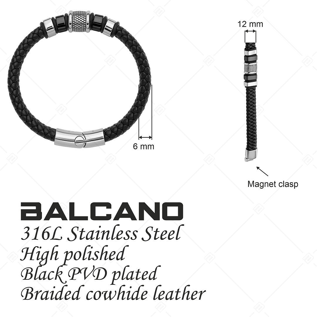 BALCANO - Harvey / Braided Leather Bracelet With Multi-Part Stainless Steel Headpiece, Black PVD Plated (441472BL11)