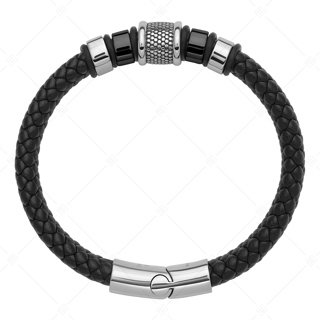 BALCANO - Harvey / Bracelet en cuir tressé avec têtière en plusieurs parties en acier inoxydable, plaqué PVD noir (441472BL11)