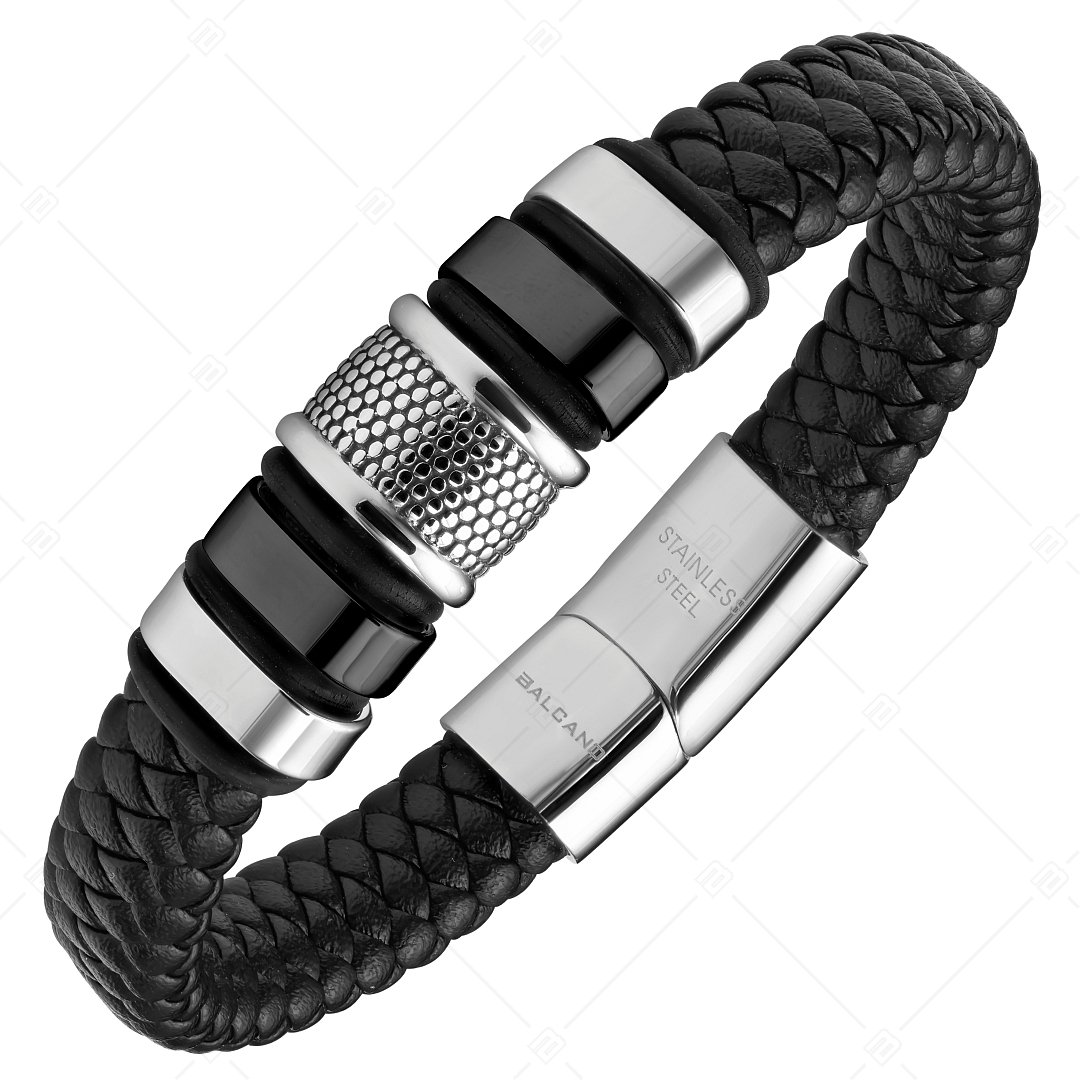 BALCANO - Harvey / Braided Leather Bracelet With Multi-Part Stainless Steel Headpiece, Black PVD Plated (441472BL11)