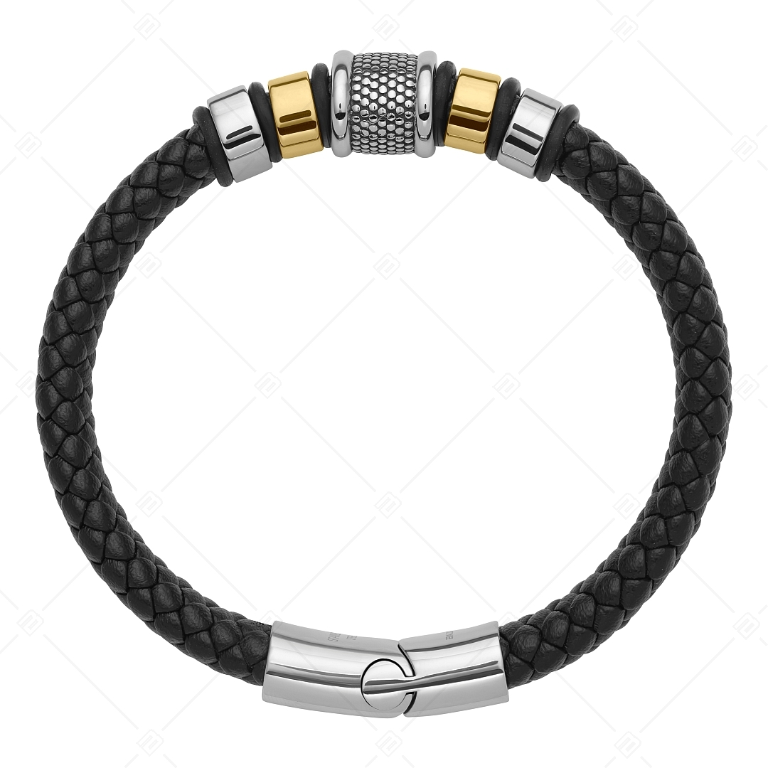 BALCANO - Harvey / Bracelet en cuir tressé avec têtière en plusieurs parties en acier inoxydable, plaqué or 18K (441472BL88)