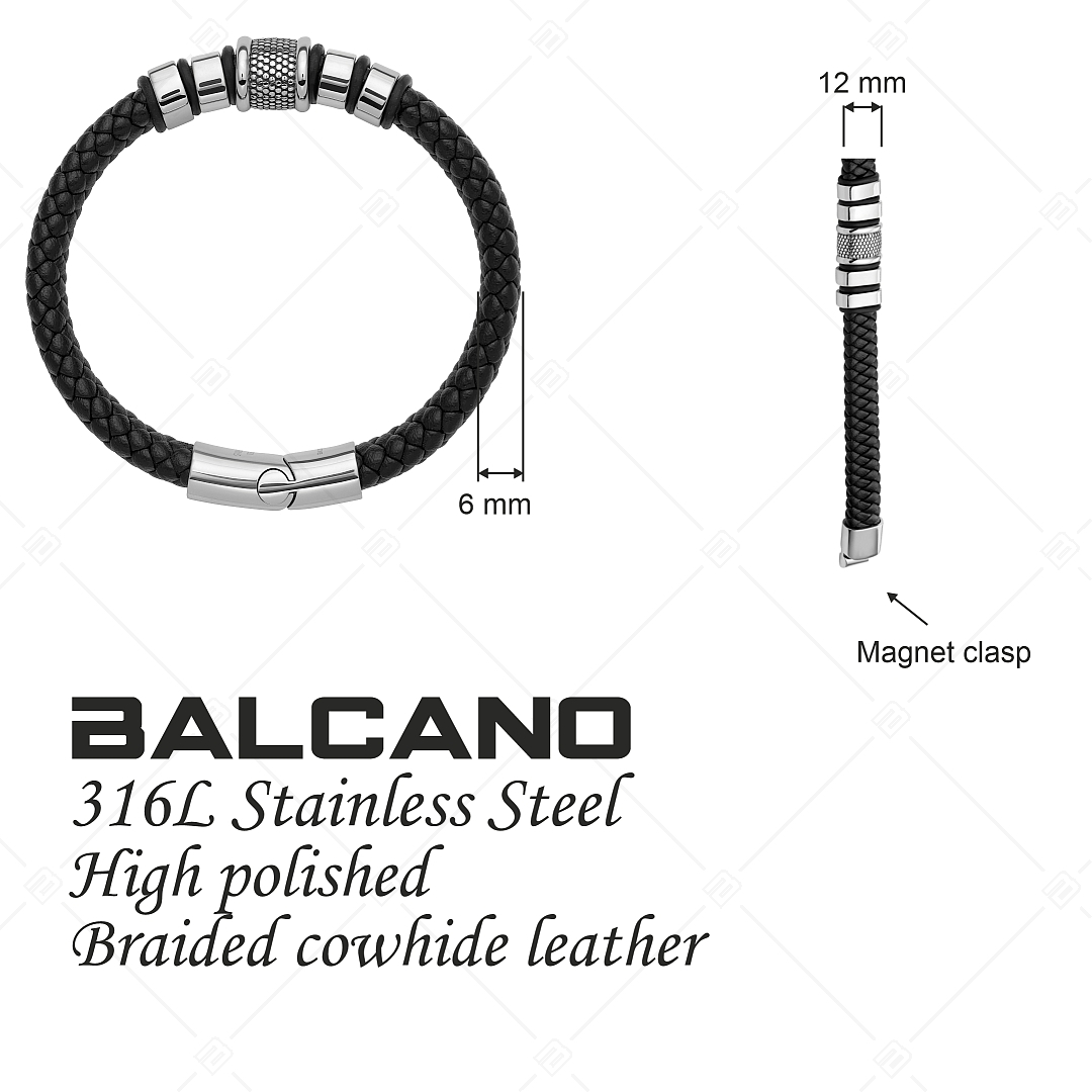 BALCANO - Harvey / Braided Leather Bracelet With Multi-Part Stainless Steel Headpiece (441472BL97)