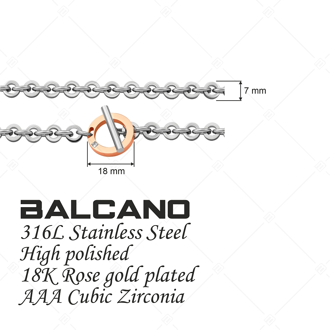BALCANO - Michelle / Stainless Steel Bracelet Of Round, Polished Chain Links With Zirconia, 18K Rose Gold Plated (441475BC96)