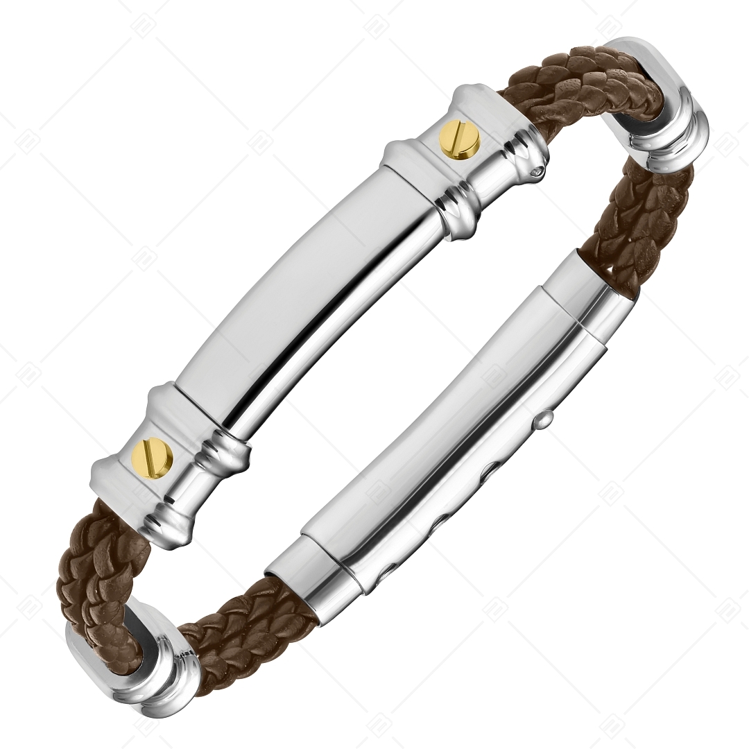 BALCANO - Nicky /  Double Row Braided Leather Bracelet With Engravable Stainless Steel Headpiece (441496BL66)