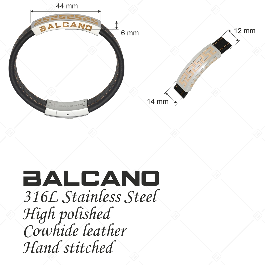 BALCANO - Lorenzo / Bracelet en cuir de vachette cousu avec une tête en acier inoxydable à motifs grecs. (442001BL99)