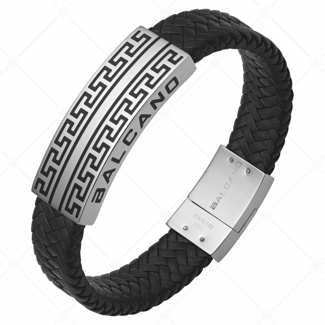 BALCANO - Greco /  Braided Leather Bracelet With Greek Pattern and Stainless Steel Headpiece (442006BL99)