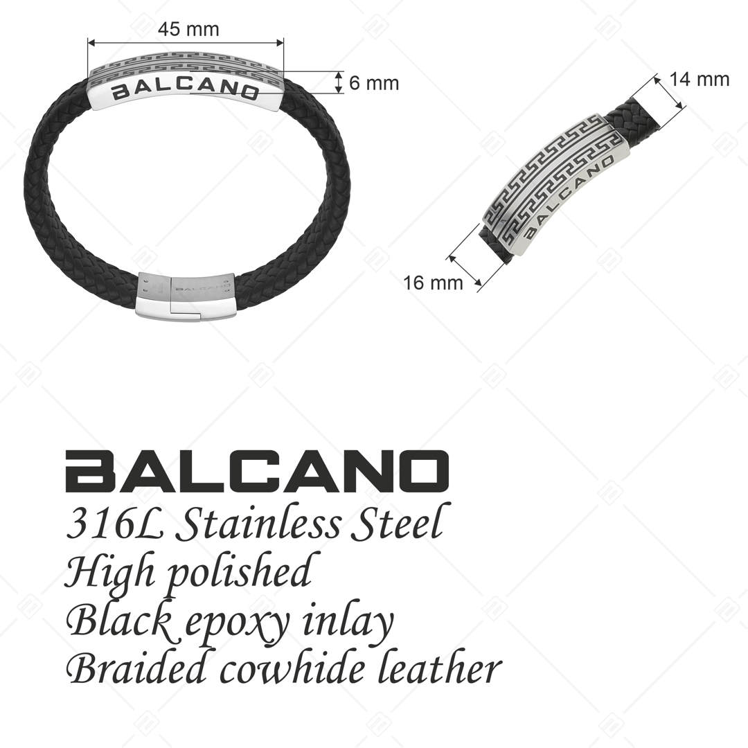 BALCANO - Greco / Bracelet en cuir tressé avec une tête en acier inoxydable à double motifs grecs (442006BL99)