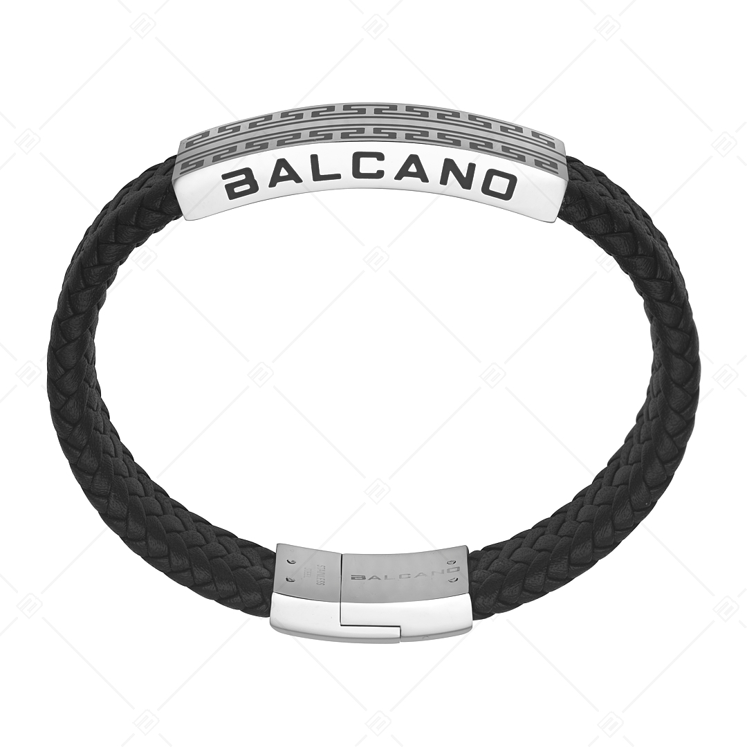 BALCANO - Greco / Bracelet en cuir tressé avec une tête en acier inoxydable à double motifs grecs (442006BL99)