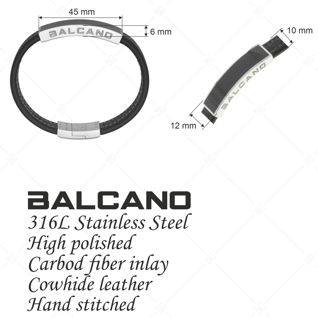 BALCANO - Carbon / Bracelet en cuir de vachette cousu avec une tête en acier inoxydable incrustée de fibres de carbone (442007BL99)
