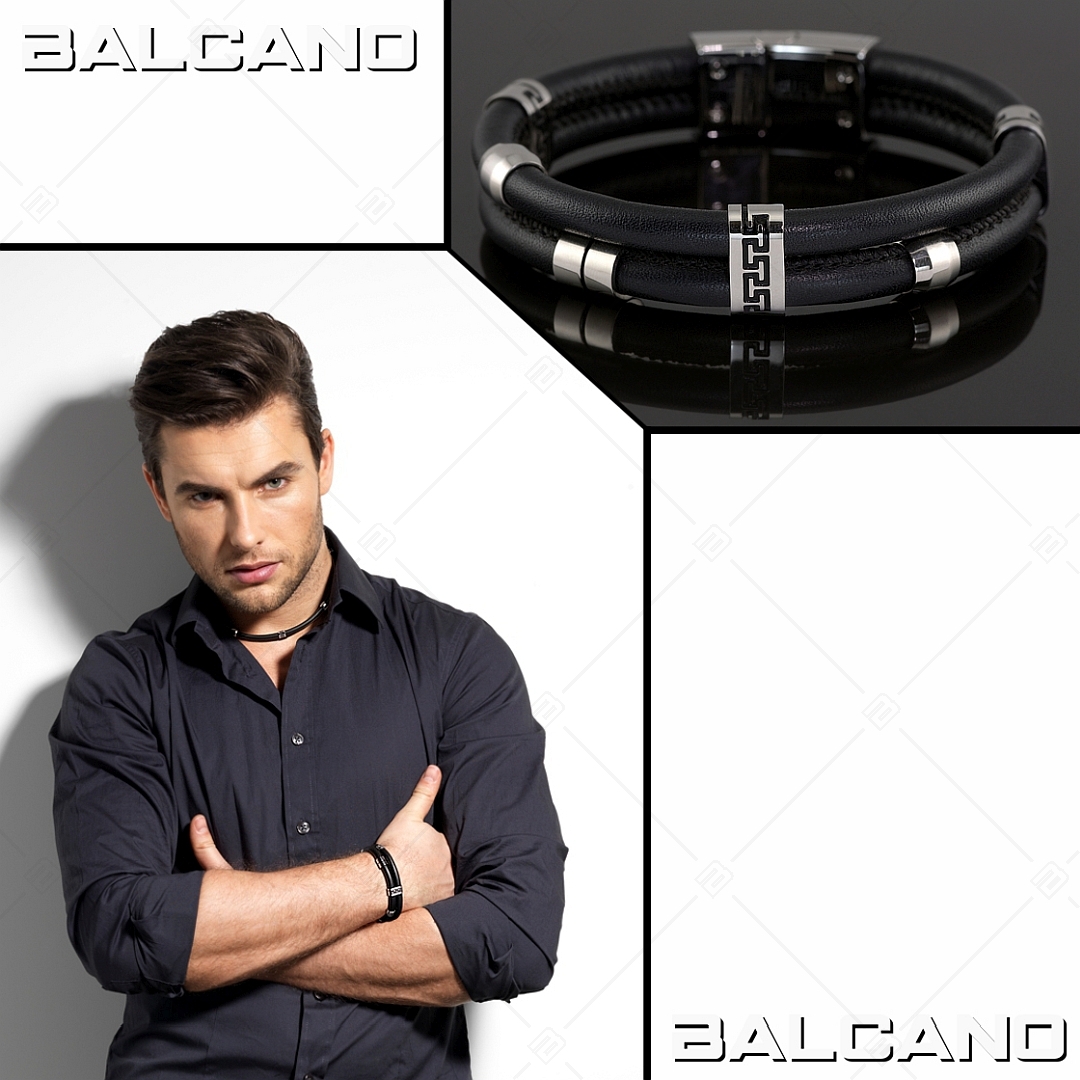 BALCANO - Capri / Zweireihig genähtes Rindsleder Edelstahl Armband mit griechischem Muster (442009BL99)