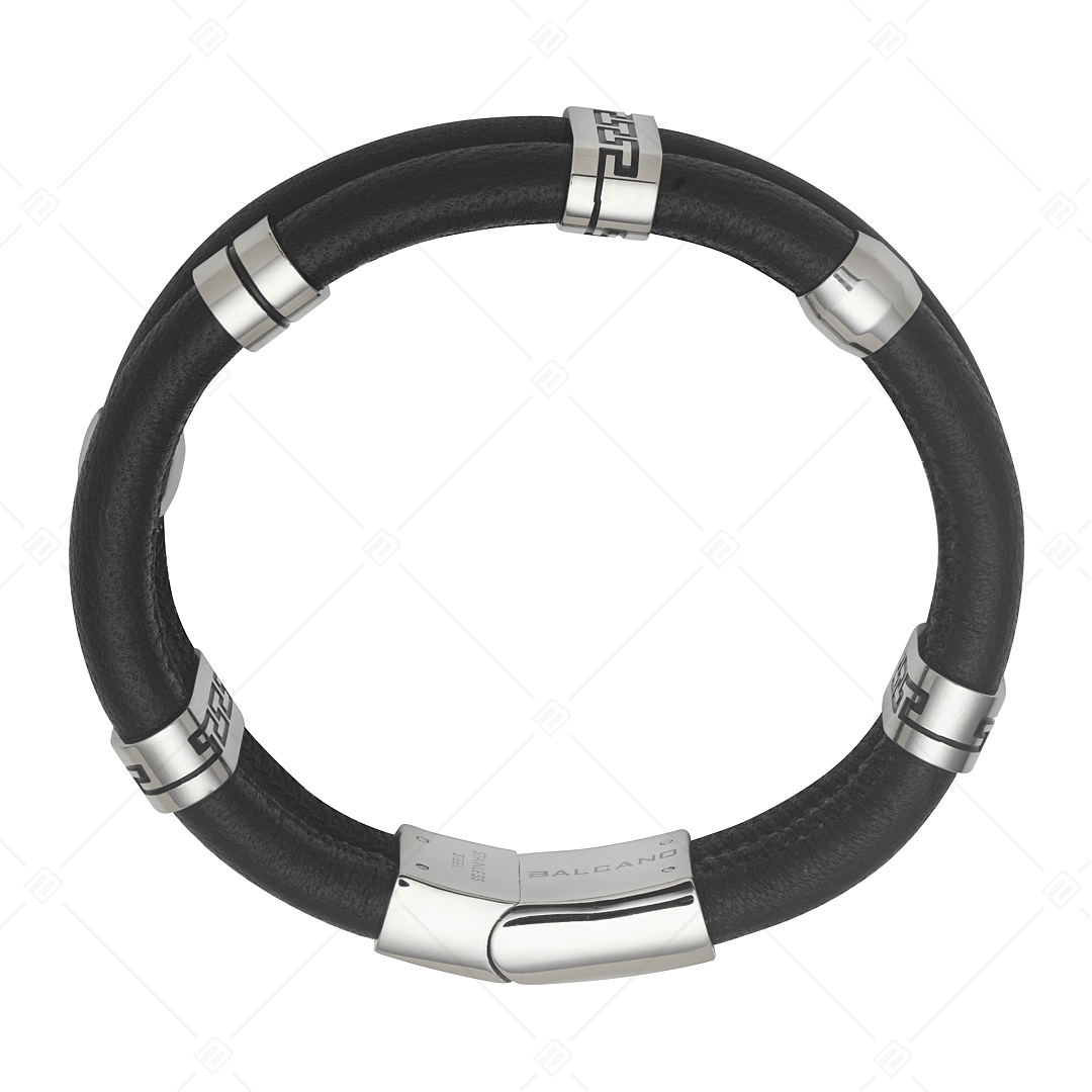 BALCANO - Capri / Bracelet en cuir de vachette cousu à deux rangs avec motif grec en acier inoxydable (442009BL99)